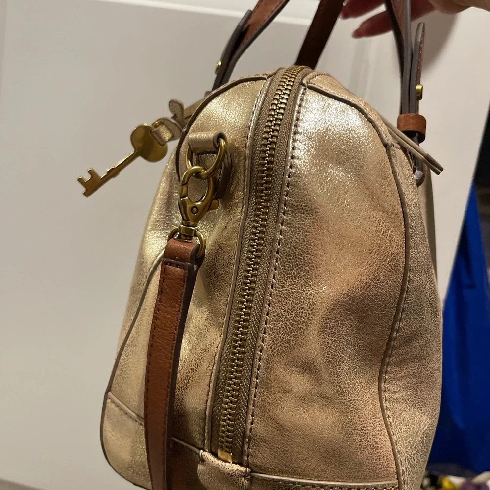 Fossil Metallic Gold Leather Satchel with Brown Handles